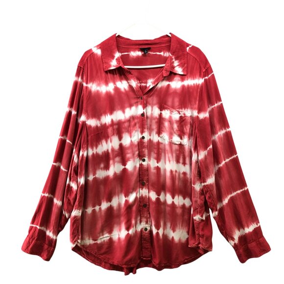 Torrid Twill Button Up Shirt Womens 2X Red White Tie Dye Long Sleeve Rayon - Picture 1 of 9